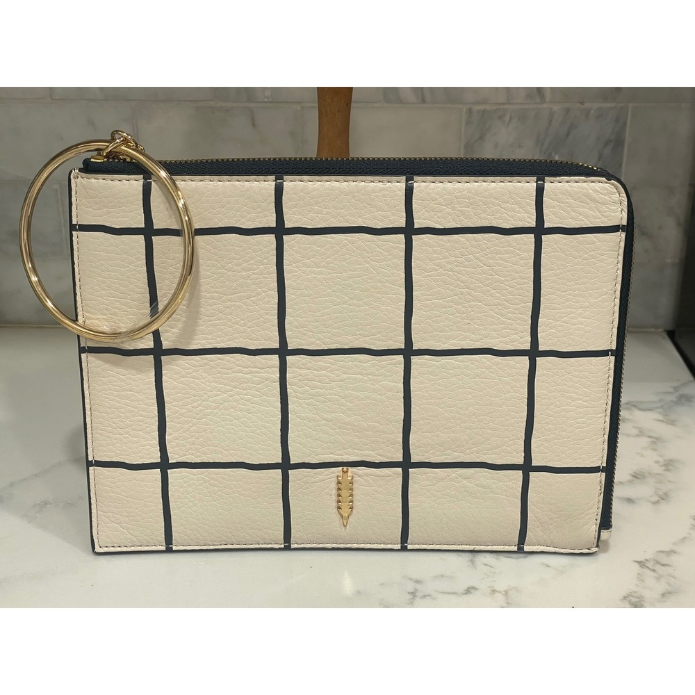 Thacker Gridlock Wristlet Clutch‎ Cream & Black Gold Hardware Trendy Handbag